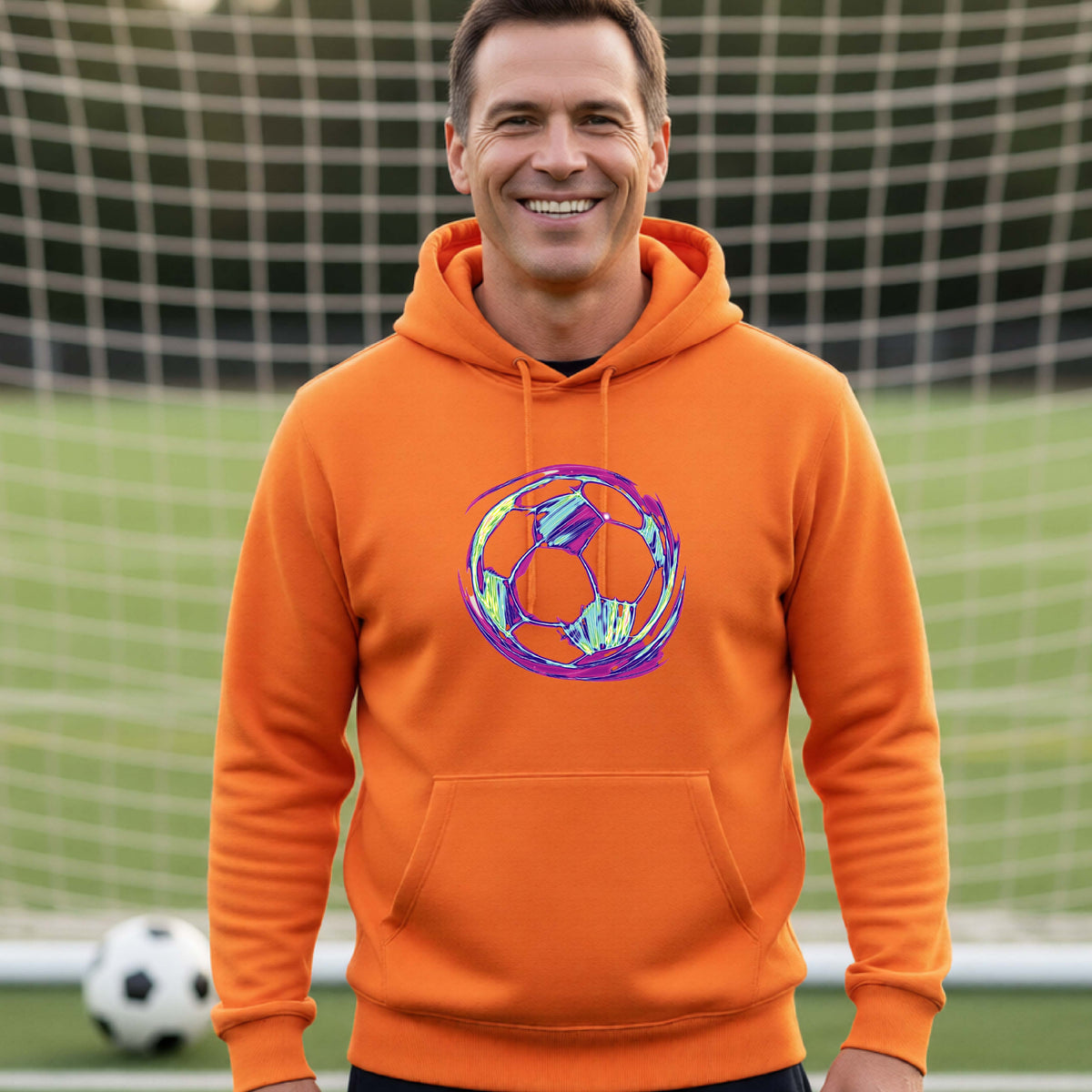 A smiling man wearing a bright orange hoodie with a colorful irridescent soccer ball graphic on the chest, standing on a soccer field with a goal net in the background.
