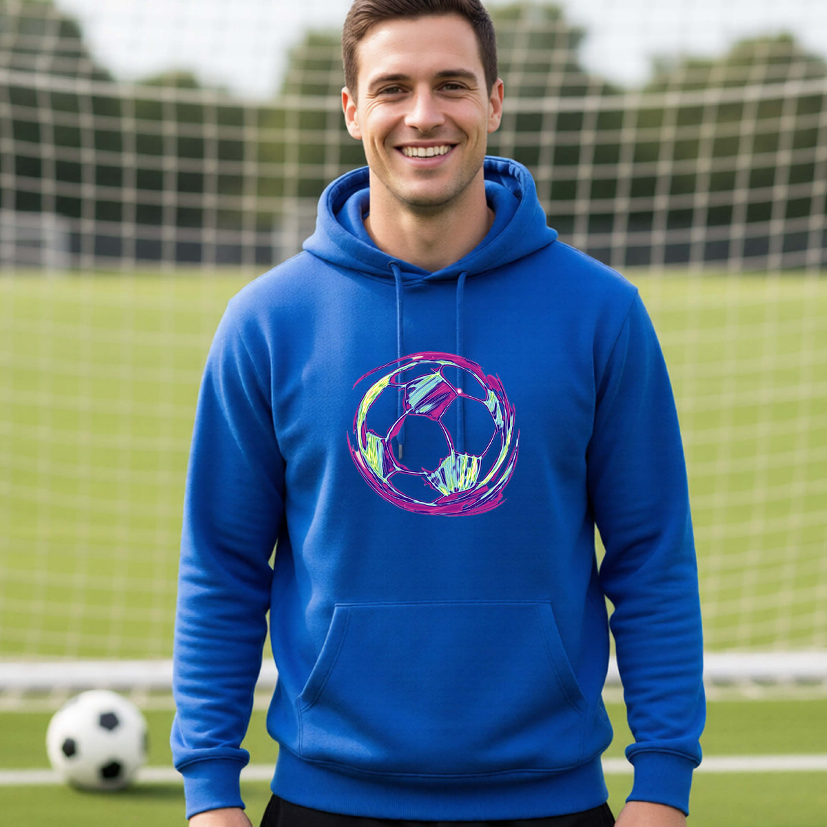 A smiling man wearing a royal blue hoodie with a colorful irridescent soccer ball graphic on the chest, standing on a soccer field with a goal net in the background.