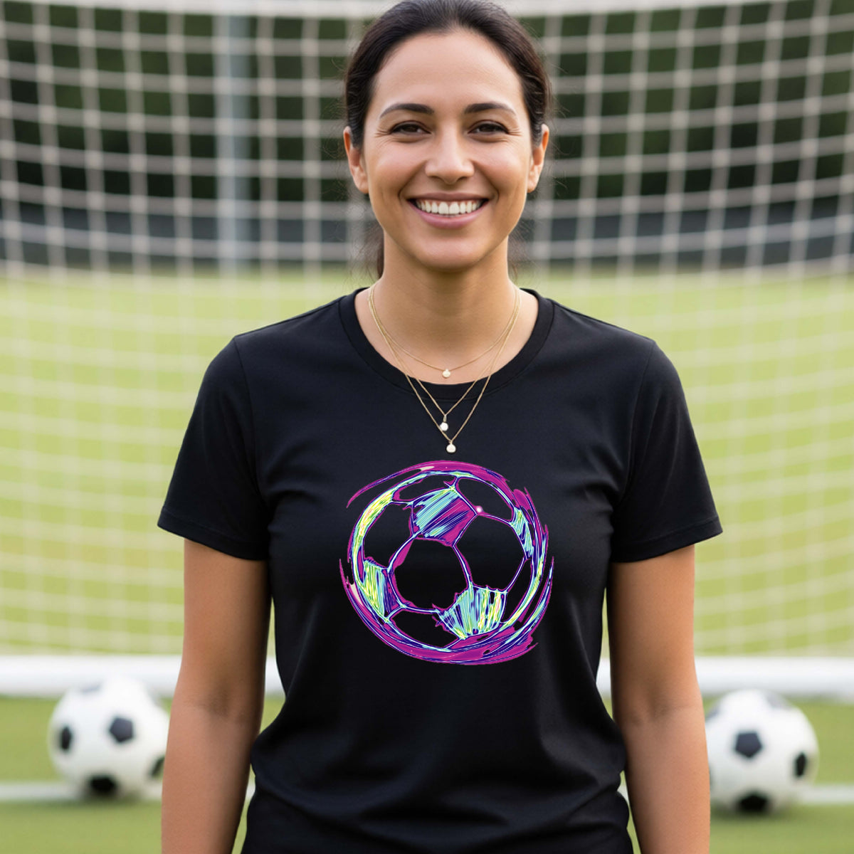 A smiling woman wearing a black t-shirt with a colorful, iridescent soccer ball graphic, standing in front of a soccer goal with balls on the grass.