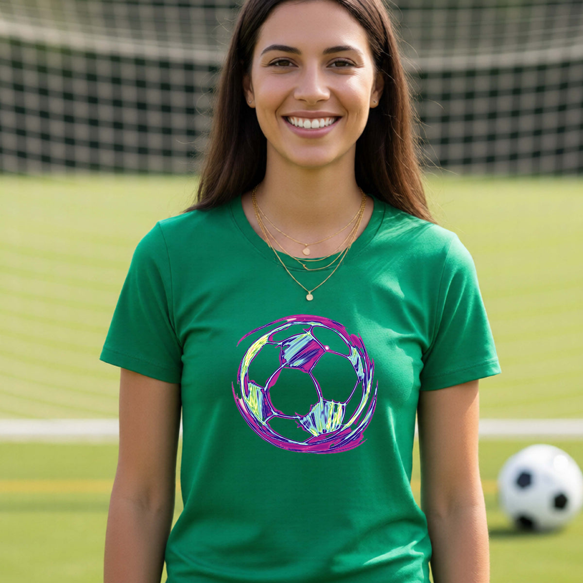A woman smiling on a soccer field wearing a green t-shirt with a colorful, iridescent soccer ball graphic on the chest.