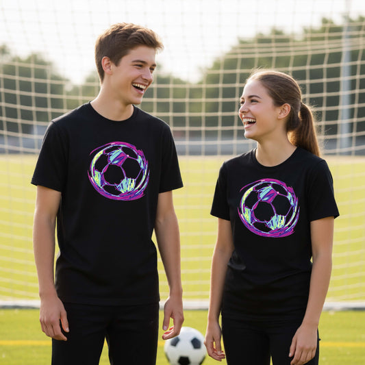 Two young students on a soccer field holding a soccer ball, wearing black t-shirts with a colorful, iridescent soccer ball graphic on the chest.