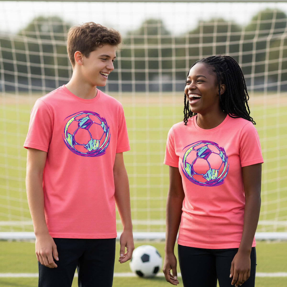 Two young students on a soccer field holding a soccer ball, wearing a coral t-shirt with a colorful, iridescent soccer ball graphic on the chest.