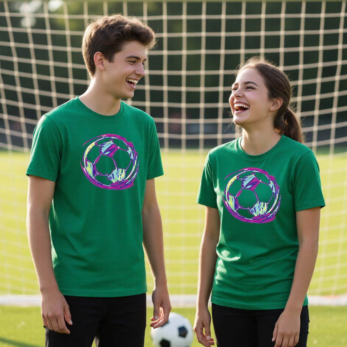 Two young students on a soccer field holding a soccer ball, wearing a green t-shirts with a colorful, iridescent soccer ball graphic on the chest.