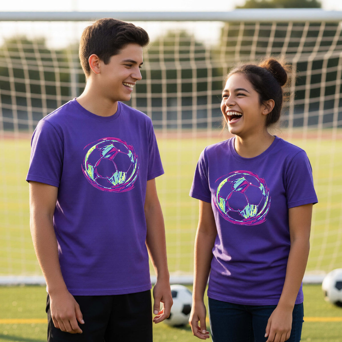 Two young students on a soccer field holding a soccer ball, wearing a purple t-shirts with a colorful, iridescent soccer ball graphic on the chest.