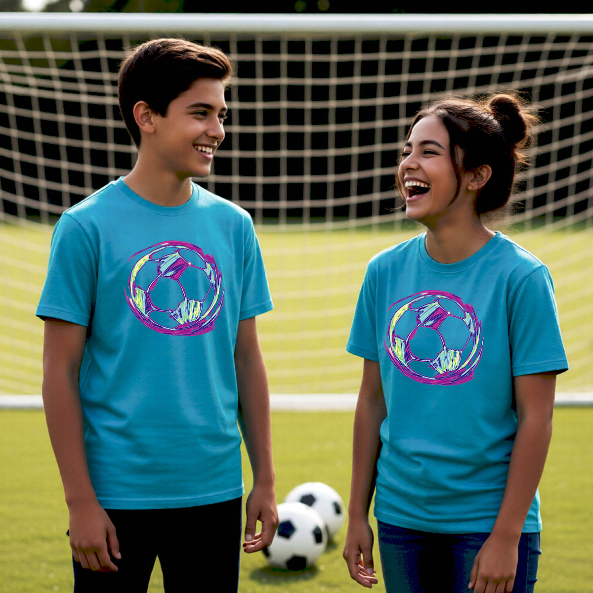Two young students on a soccer field holding a soccer ball, wearing bright blue t-shirts with a colorful, iridescent soccer ball graphic on the chest.