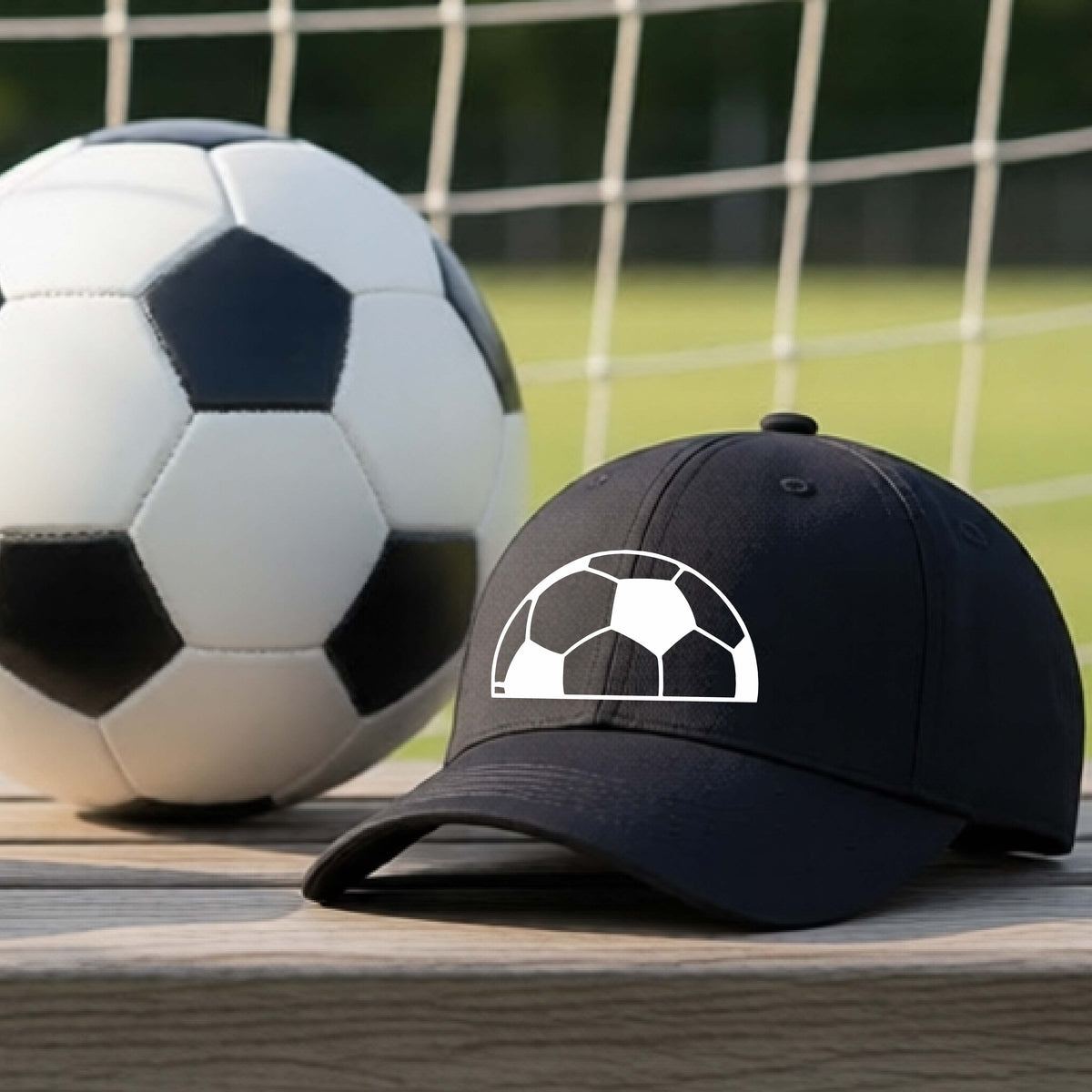 A black baseball cap with a white soccer ball graphic on the front, resting on a wooden surface in front of a soccer ball and goal net on a grassy field.