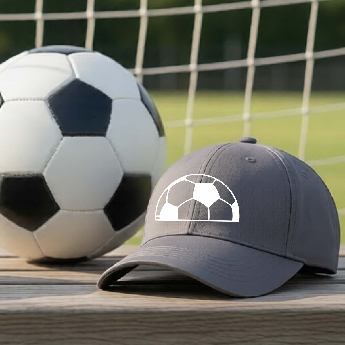 A gray baseball cap with a white soccer ball graphic on the front, resting on a wooden surface in front of a soccer ball and goal net on a grassy field.