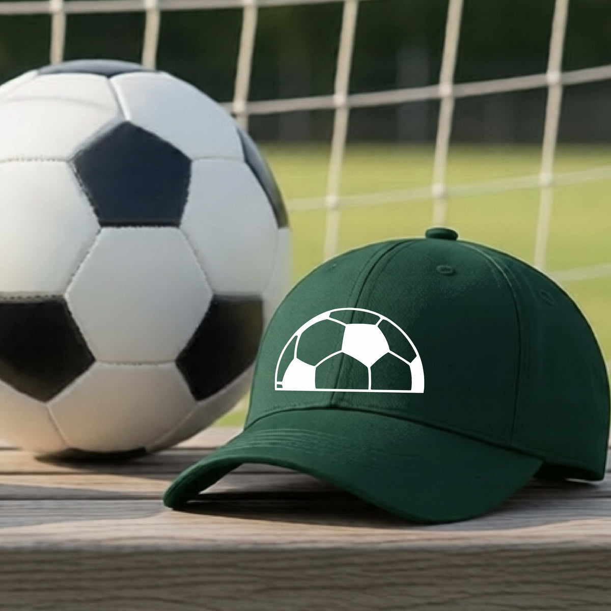 A green baseball cap with a white soccer ball graphic on the front, resting on a wooden surface in front of a soccer ball and goal net on a grassy field.