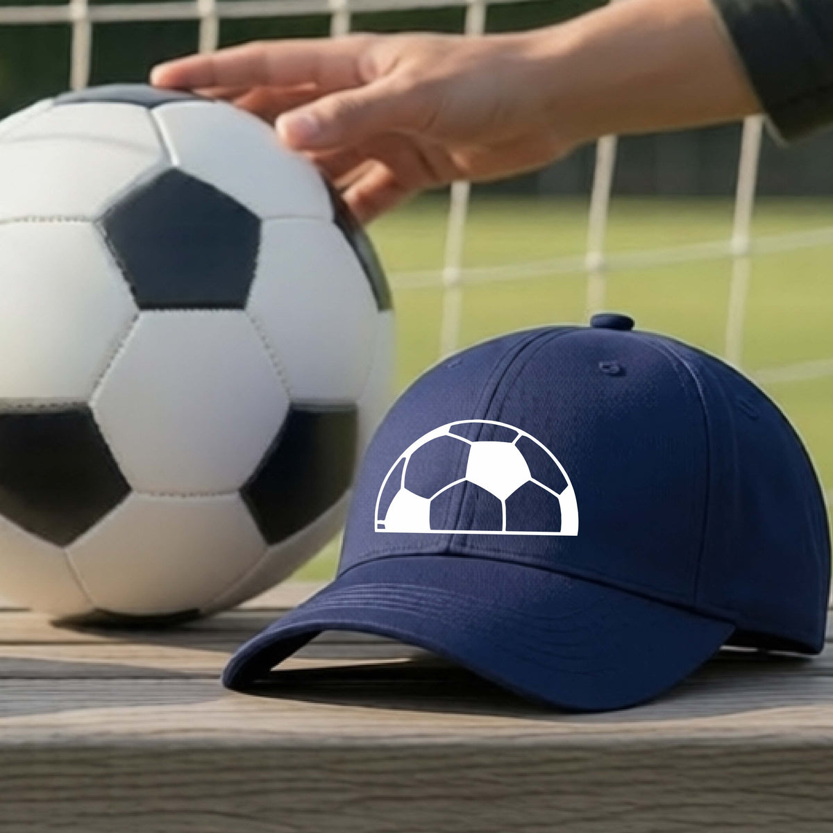 A navy blue baseball cap with a white soccer ball graphic on the front, resting on a wooden surface in front of a soccer ball and goal net on a grassy field.
