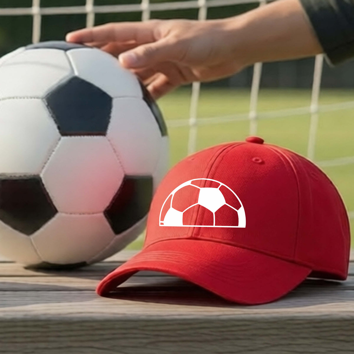 A red baseball cap with a white soccer ball graphic on the front, resting on a wooden surface in front of a soccer ball and goal net on a grassy field.