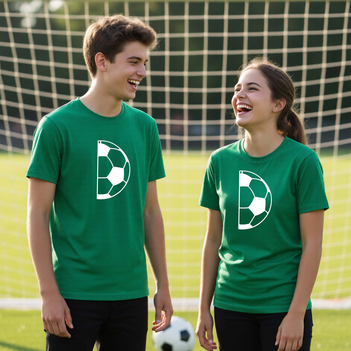 Two young people standing on a soccer field wearing matching green t-shirts with a white half soccer ball graphic, with a soccer net and grass in the background.