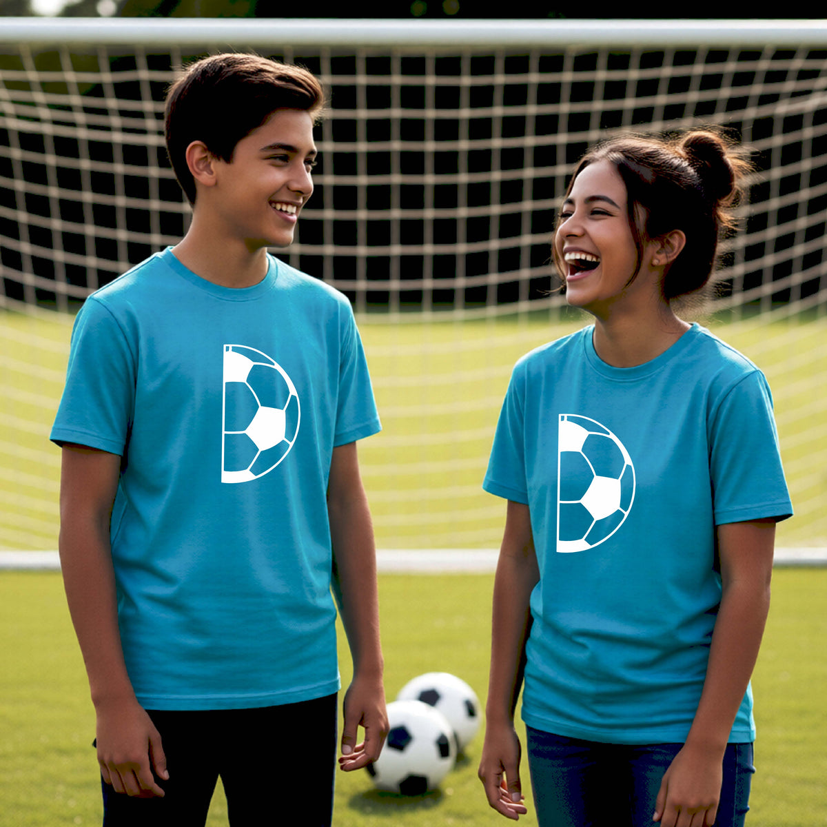 Two young people standing on a soccer field wearing matching bright blue t-shirts with a white half soccer ball graphic, with a soccer net and grass in the background.