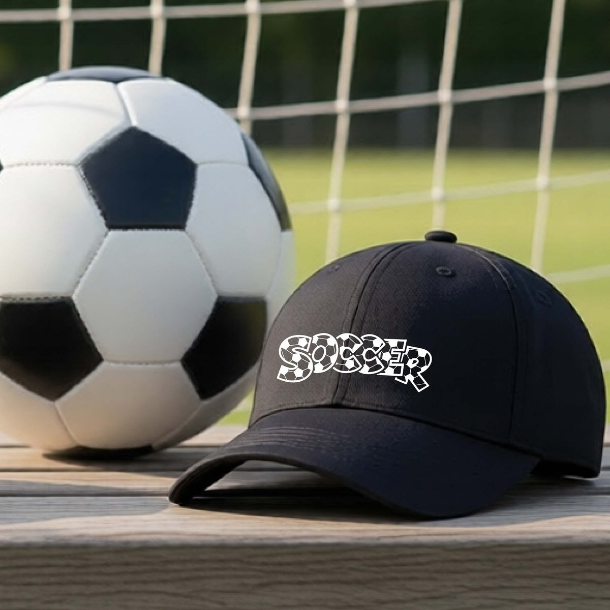 A close-up of a black hat sitting on an outdoor bench next to a soccer ball in front of goal, with a white graphic of the word 'SOCCER' in a stylish soccer pattern printed on the front.