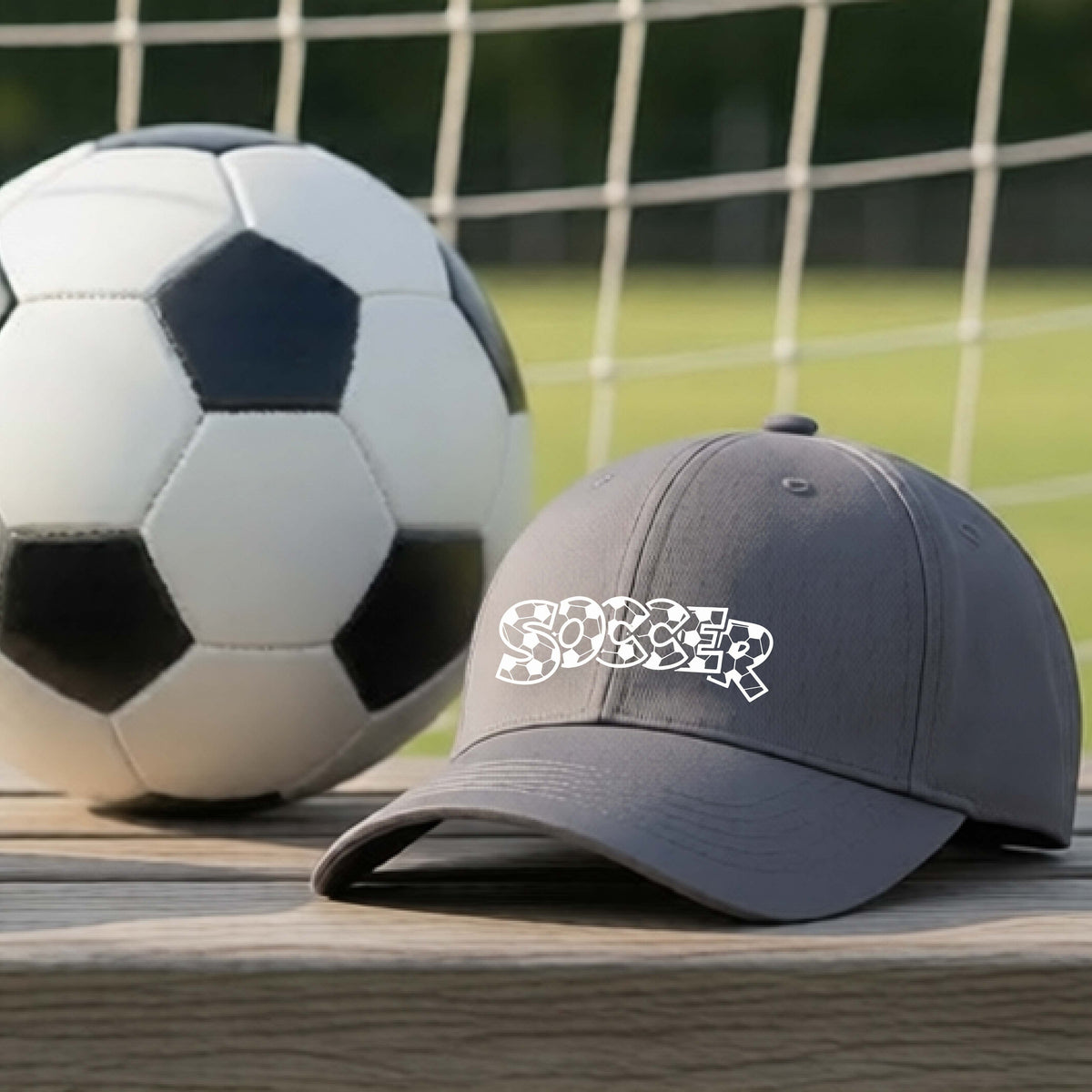 A close-up of a gray hat sitting on an outdoor bench next to a soccer ball in front of goal, with a white graphic of the word 'SOCCER' in a stylish soccer pattern printed on the front.