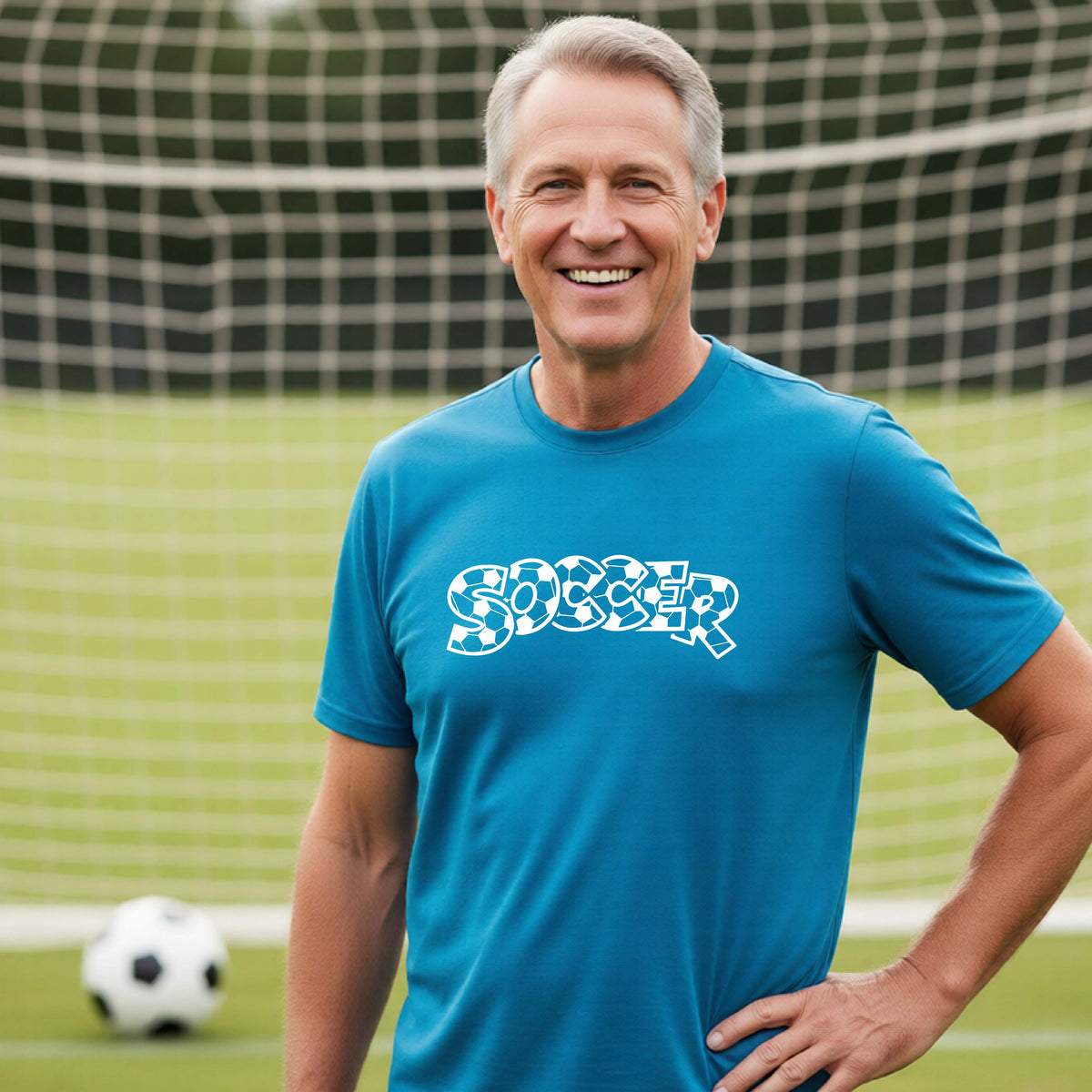 A smiling man wearing a teal t-shirt, standing on a soccer field in front of a goal net. with a white graphic of the word 'SOCCER' in a stylish soccer pattern printed on the chest, holding a soccer ball.