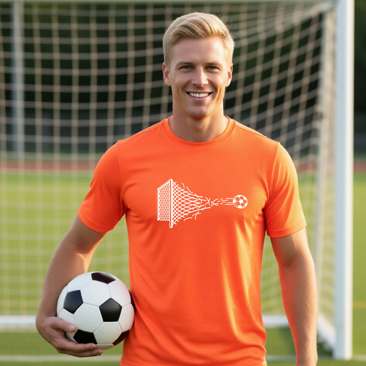 A smiling man wearing an orange t-shirt standing on a soccer field in front of a goal net. with a white graphic of a soccer ball shooting through and tearing up a soccer goal net, printed on the chest.