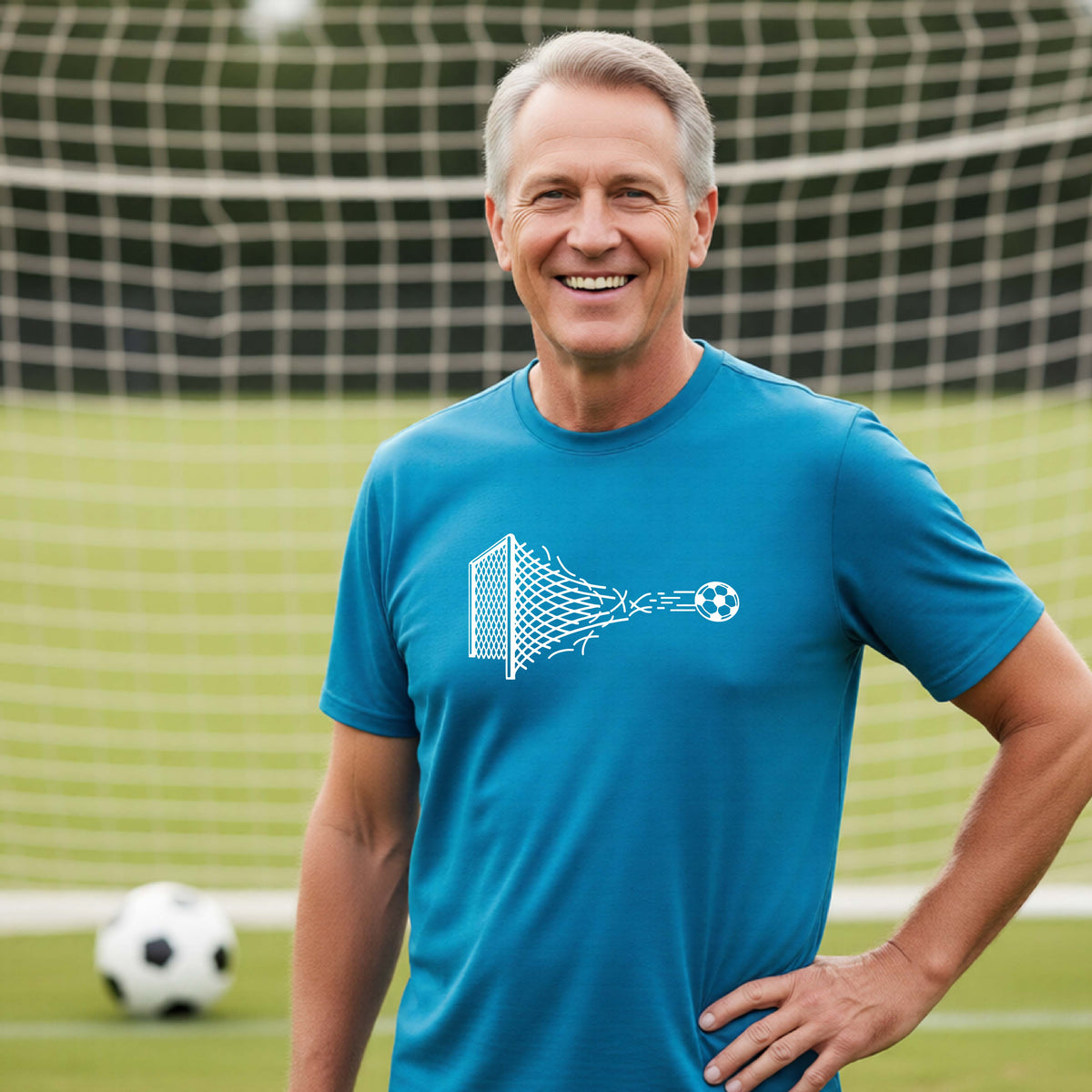 A smiling man wearing a blue t-shirt standing on a soccer field in front of a goal net. with a white graphic of a soccer ball shooting through and tearing up a soccer goal net, printed on the chest.