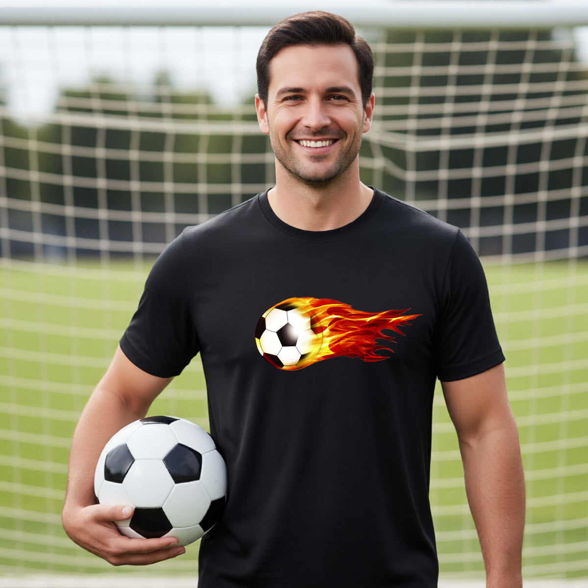 A smiling man wearing a black short-sleeve t-shirt standing on a soccer field in front of a goal net. with a white graphic of a soccer ball shooting through air and trailing yellow, red and orange flames behind it, printed on the chest.