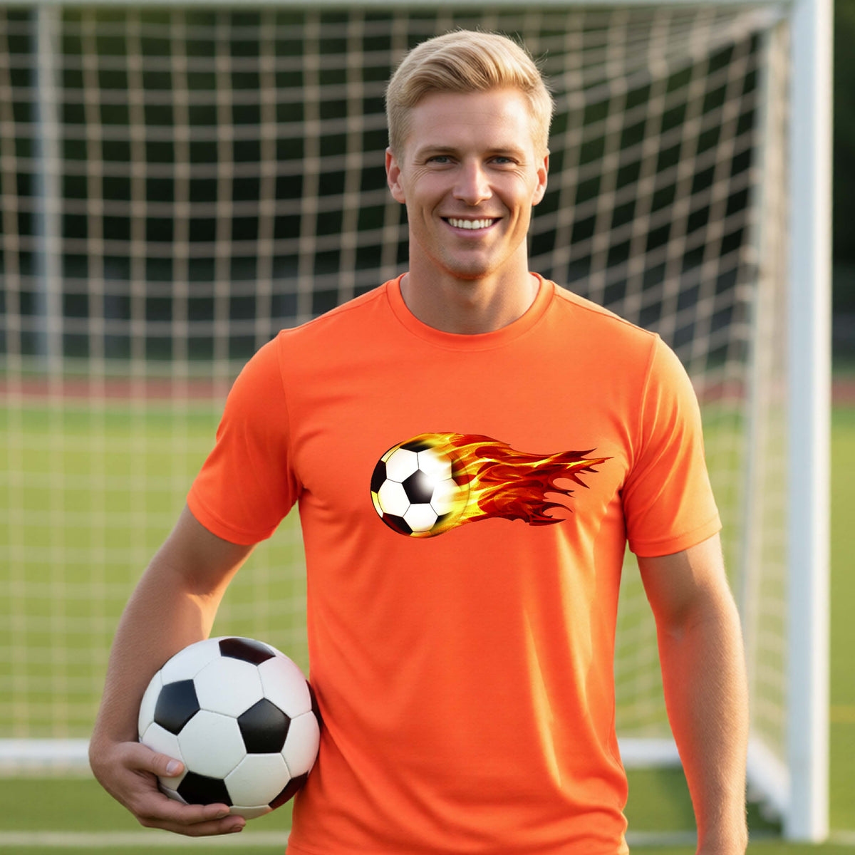 A smiling man wearing an orange short-sleeve t-shirt standing on a soccer field in front of a goal net. with a white graphic of a soccer ball shooting through air and trailing yellow, red and orange flames behind it, printed on the chest.