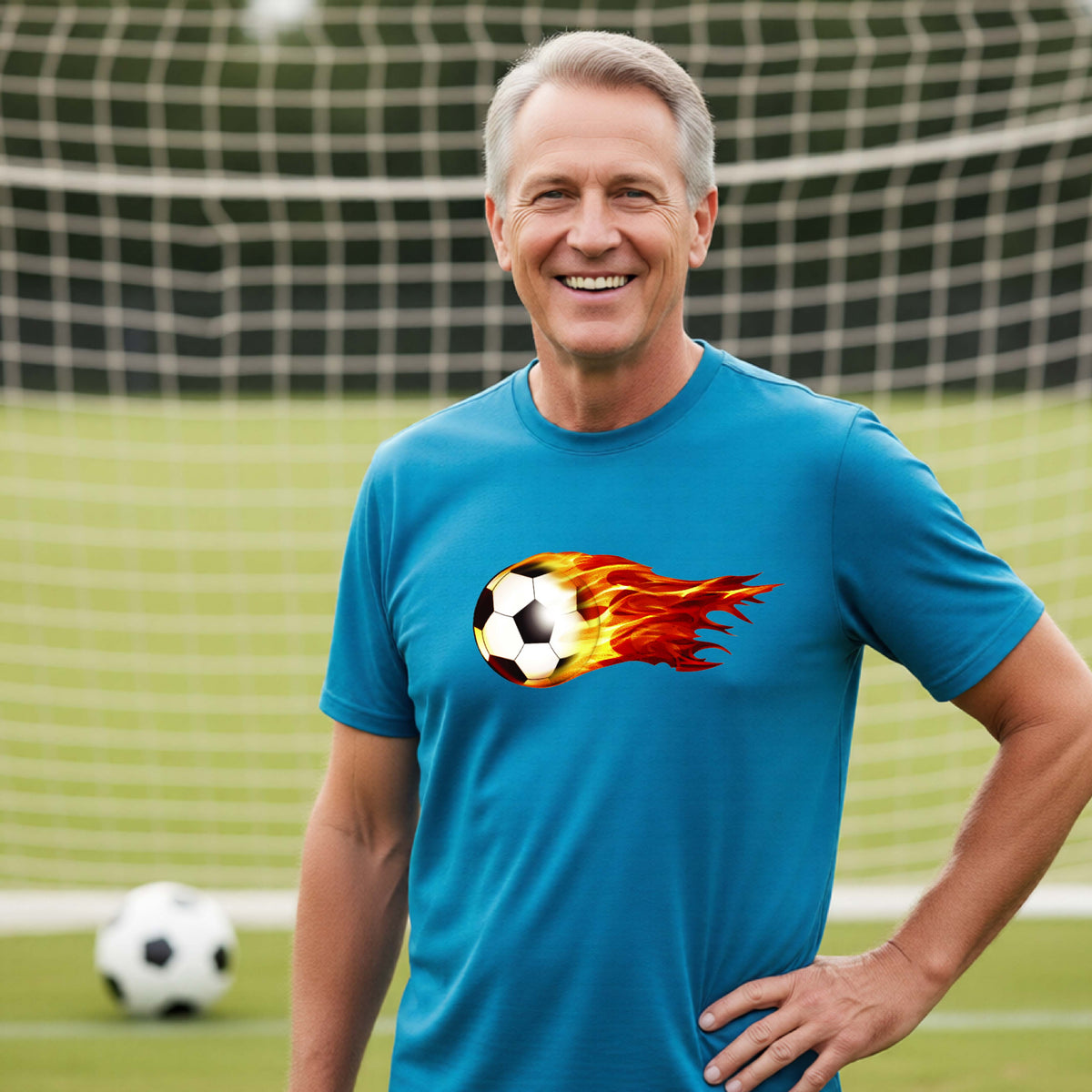 A smiling man wearing a blue short-sleeve t-shirt standing on a soccer field in front of a goal net. with a white graphic of a soccer ball shooting through air and trailing yellow, red and orange flames behind it, printed on the chest.
