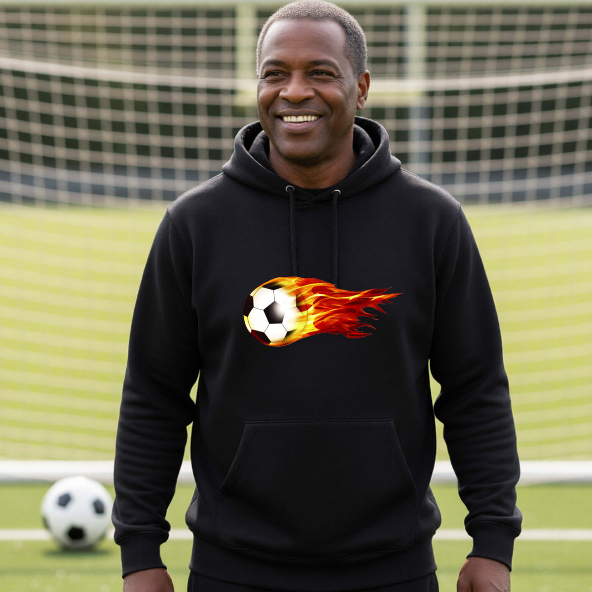 A smiling man wearing a black hoodie pullover standing on a soccer field in front of a goal net. with a white graphic of a soccer ball shooting through air and trailing yellow, red and orange flames behind it, printed on the chest.