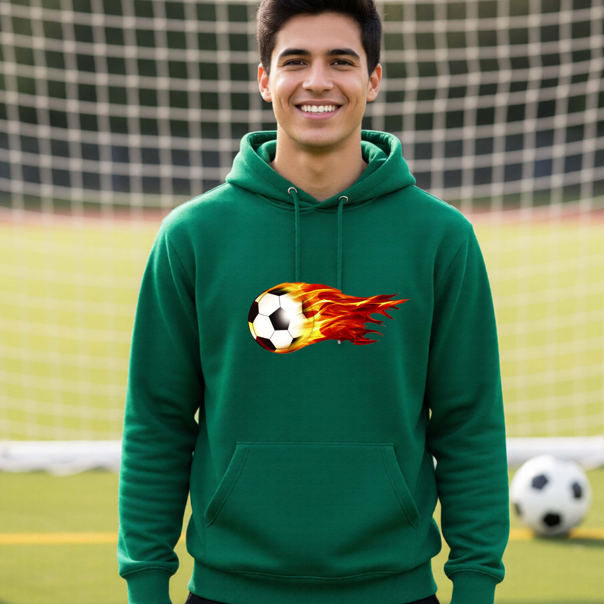 A smiling man wearing a green hoodie pullover standing on a soccer field in front of a goal net. with a white graphic of a soccer ball shooting through air and trailing yellow, red and orange flames behind it, printed on the chest.