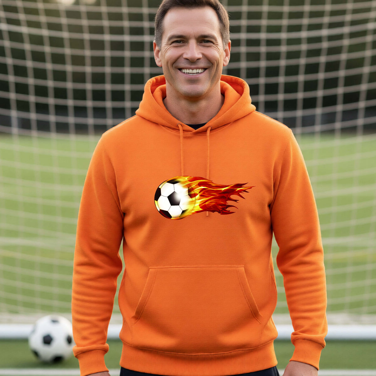 A smiling man wearing an orange hoodie pullover standing on a soccer field in front of a goal net. with a white graphic of a soccer ball shooting through air and trailing yellow, red and orange flames behind it, printed on the chest.