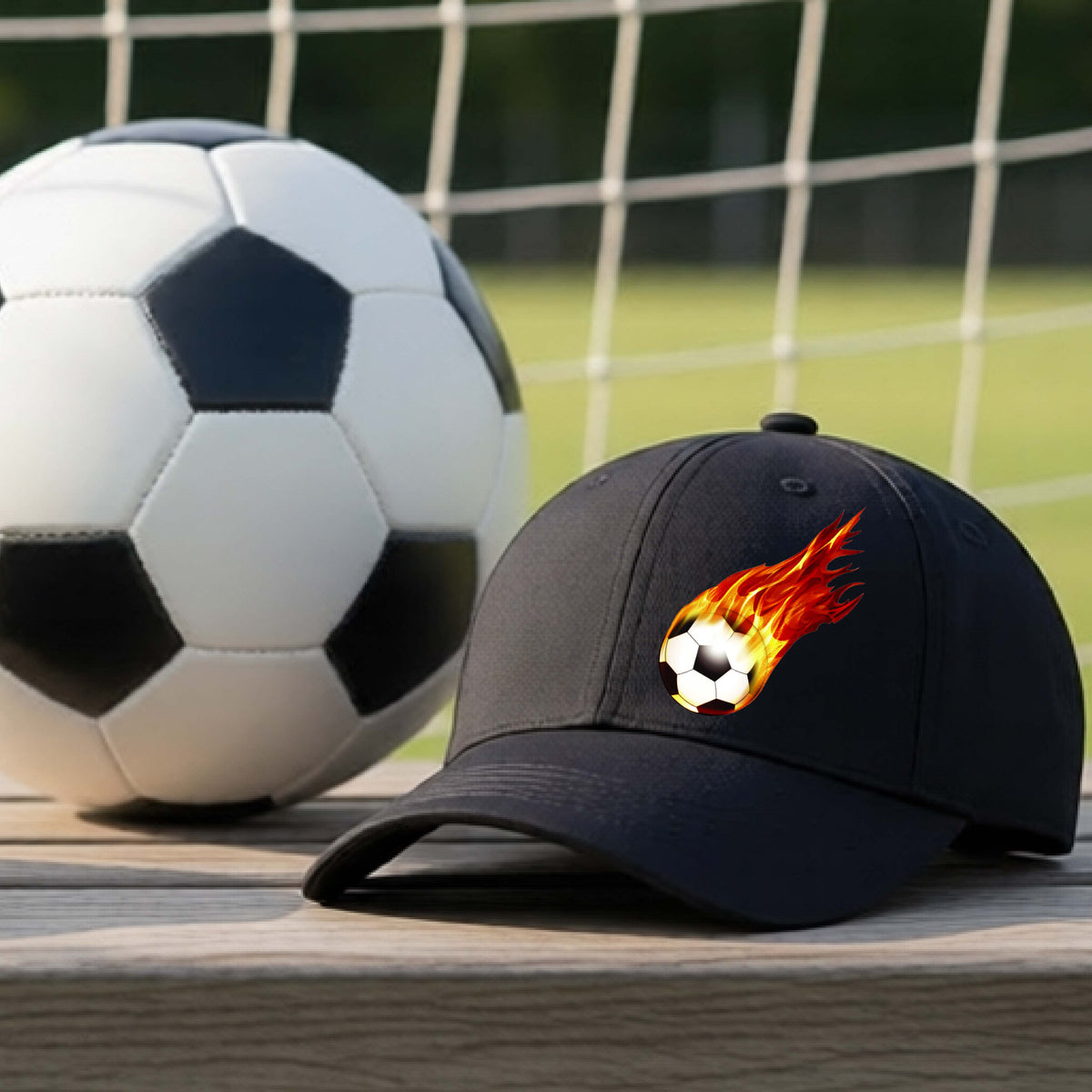 A close-up of a black hat sitting on an outdoor bench next to a soccer ball with a white graphic of a soccer ball shooting through air and trailing yellow, red and orange flames behind it, printed on the front.