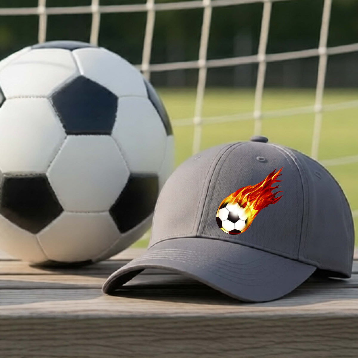A gray baseball cap with a flaming soccer ball graphic on the front, displayed on a wooden surface with a black and white soccer ball and a blurred goal net in the background.