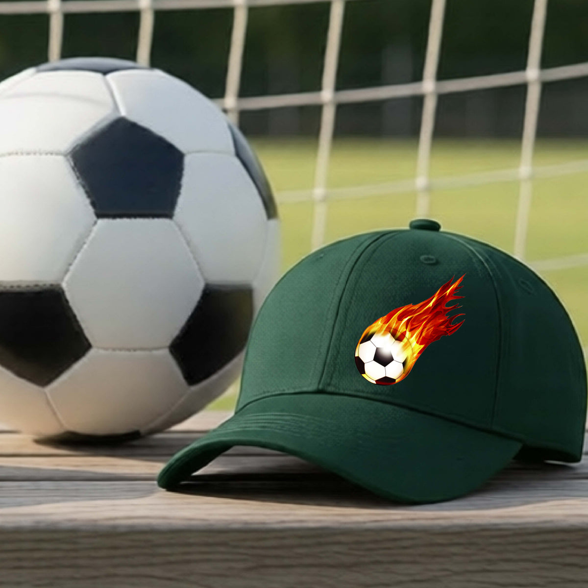 A close-up of a green hat sitting on an outdoor bench next to a soccer ball with a white graphic of a soccer ball shooting through air and trailing yellow, red and orange flames behind it, printed on the front.