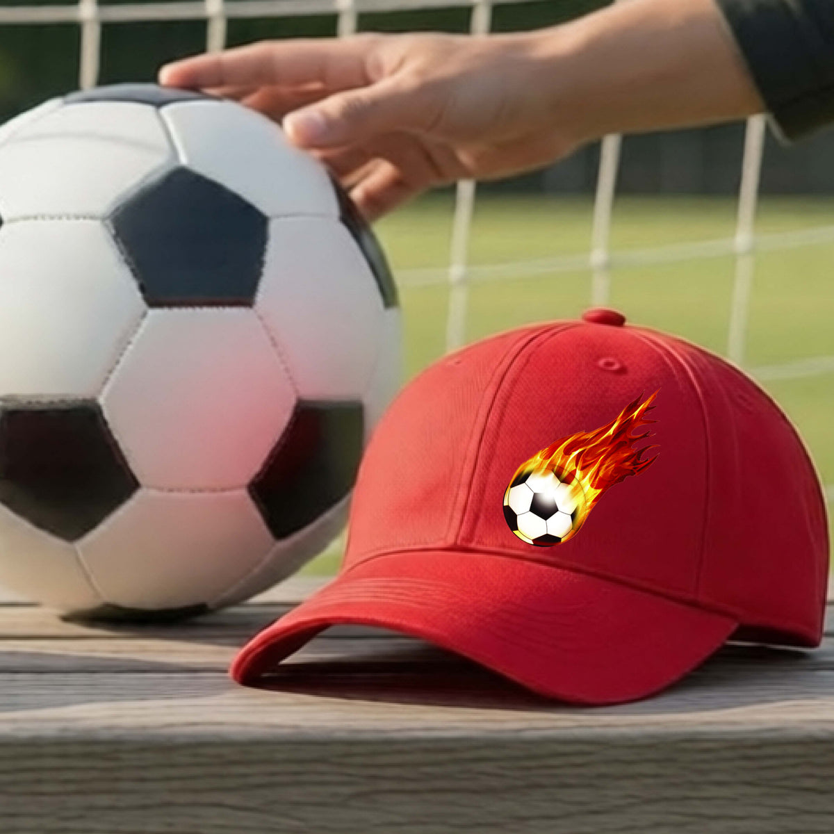 A close-up of a red hat sitting on an outdoor bench next to a soccer ball with a white graphic of a soccer ball shooting through air and trailing yellow, red and orange flames behind it, printed on the front.