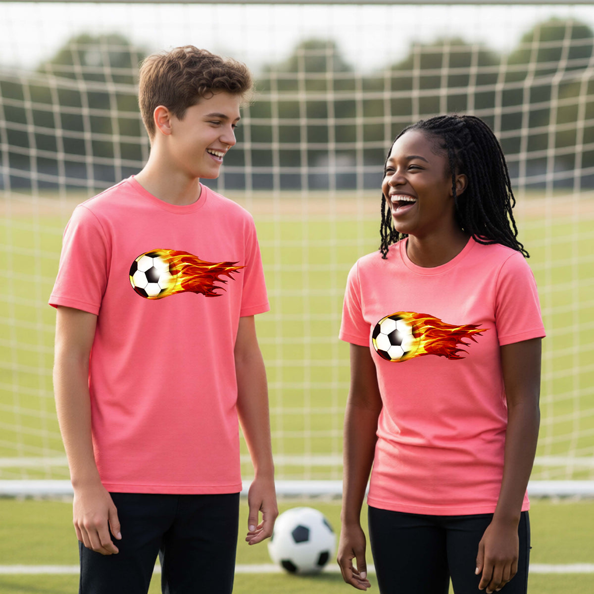 Two young athletes wearing matching coral pink short-sleeve t-shirts standing on a soccer field in front of a goal net. with a white graphic of a soccer ball shooting through air and trailing yellow, red and orange flames behind it, printed on the chest.