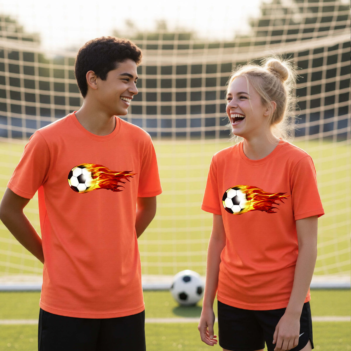 Two young athletes wearing matching orange short-sleeve t-shirts standing on a soccer field in front of a goal net. with a white graphic of a soccer ball shooting through air and trailing yellow, red and orange flames behind it, printed on the chest.