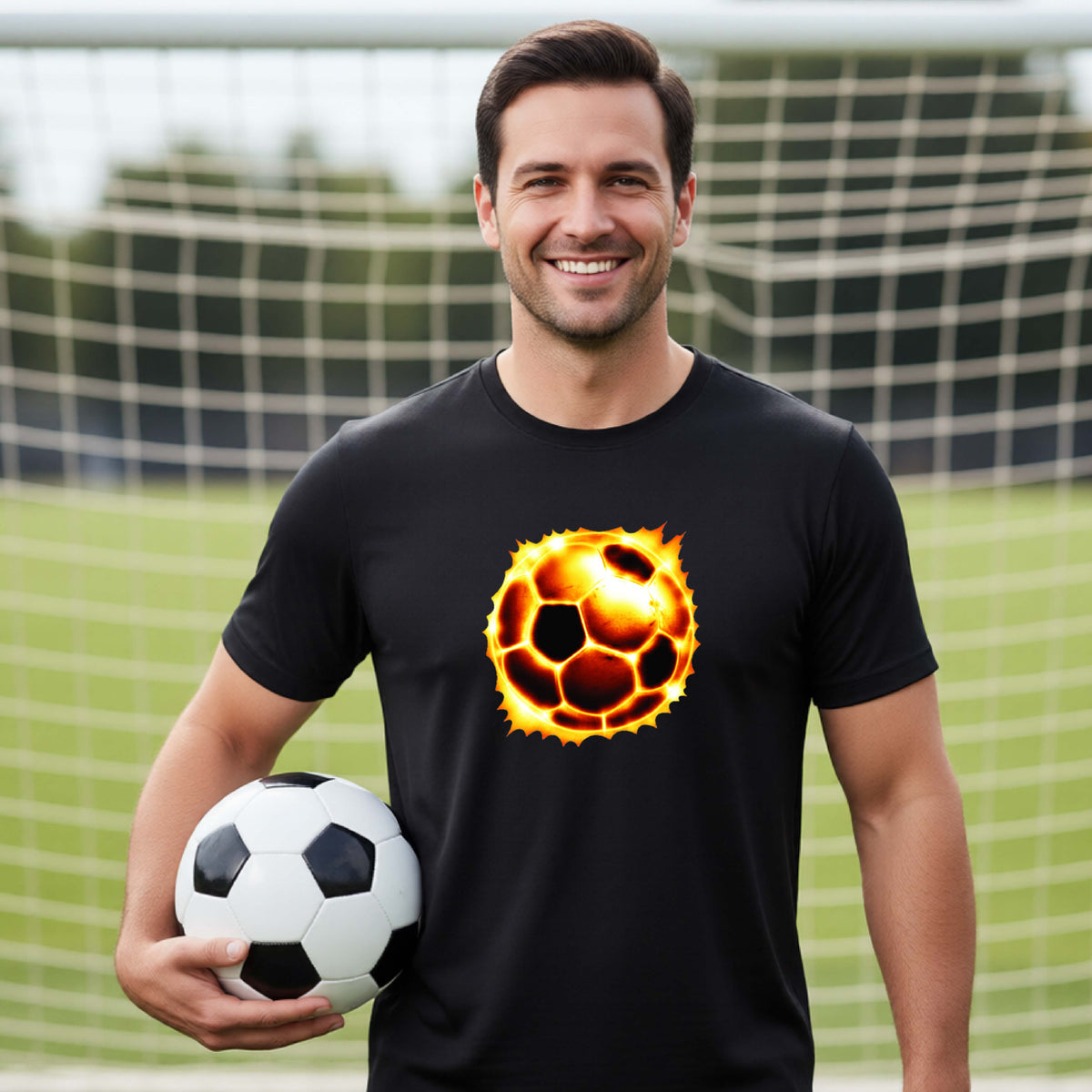 A smiling man wearing a black t-shirt with a flaming soccer ball graphic, holding a real soccer ball on a green soccer field with a goal net in the background.