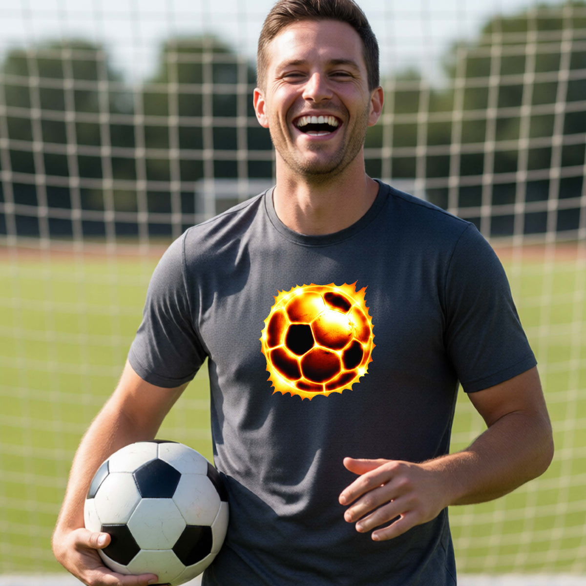 A smiling man on a soccer field wearing a dark gray t-shirt with a flaming soccer ball graphic on the chest, holding a black and white soccer ball.