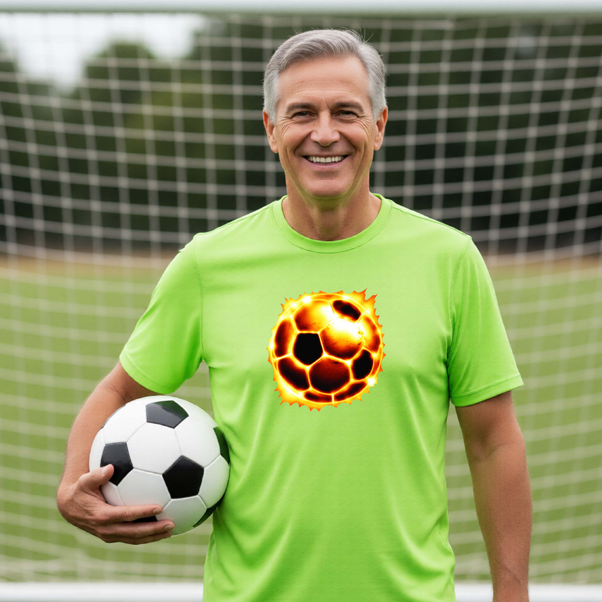 A smiling older man wearing a bright neon green t-shirt with a flaming soccer ball graphic on the chest, holding a black and white soccer ball in front of a blurred soccer goal.