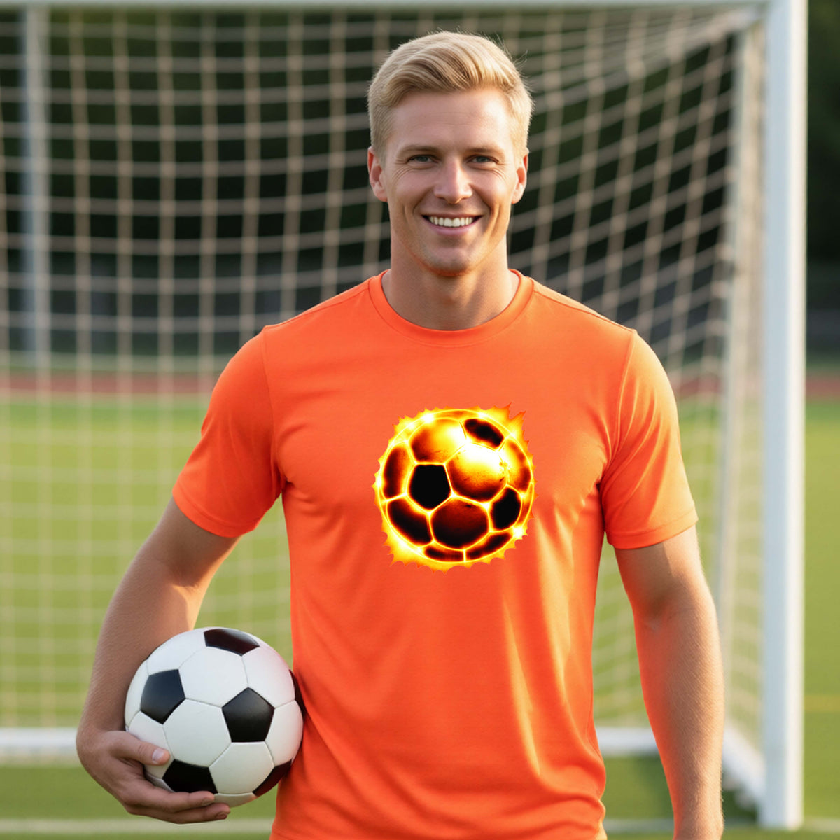 A smiling man wearing an orange t-shirt with a flaming soccer ball graphic, holding a black and white soccer ball on a grassy field in front of a soccer goal.