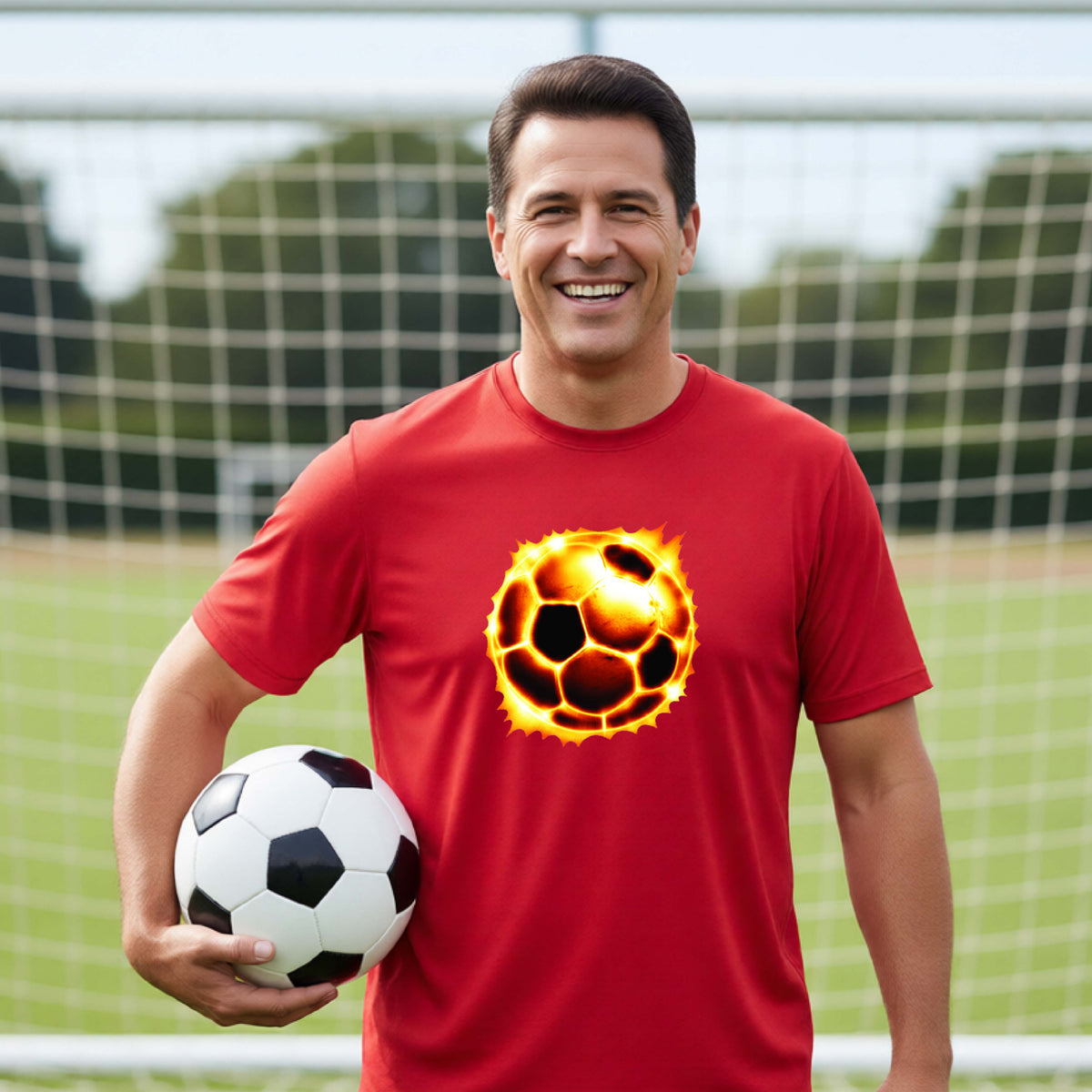A smiling man wearing a red short-sleeve athletic T-shirt with a glowing soccer ball graphic on the chest, holding a black-and-white soccer ball on an outdoor soccer field.