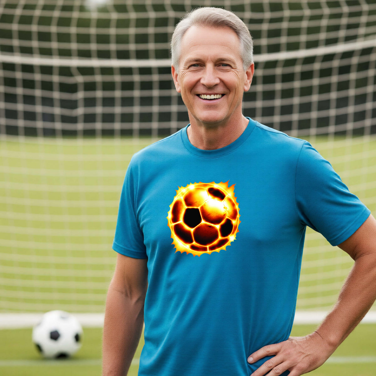 A smiling older man wearing a bright blue athletic T-shirt with a glowing soccer ball graphic on the chest, standing on a soccer field in front of a goal net.