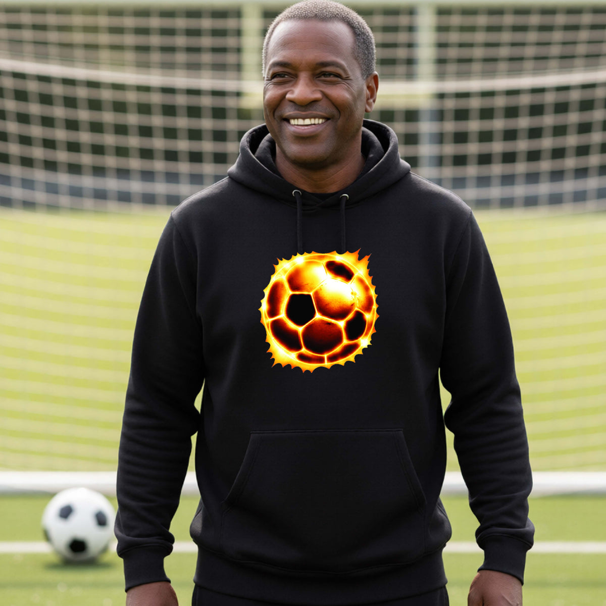 A smiling man wearing a black hoodie with a fiery soccer ball graphic on the chest, standing on a green soccer field with a soccer goal in the background.