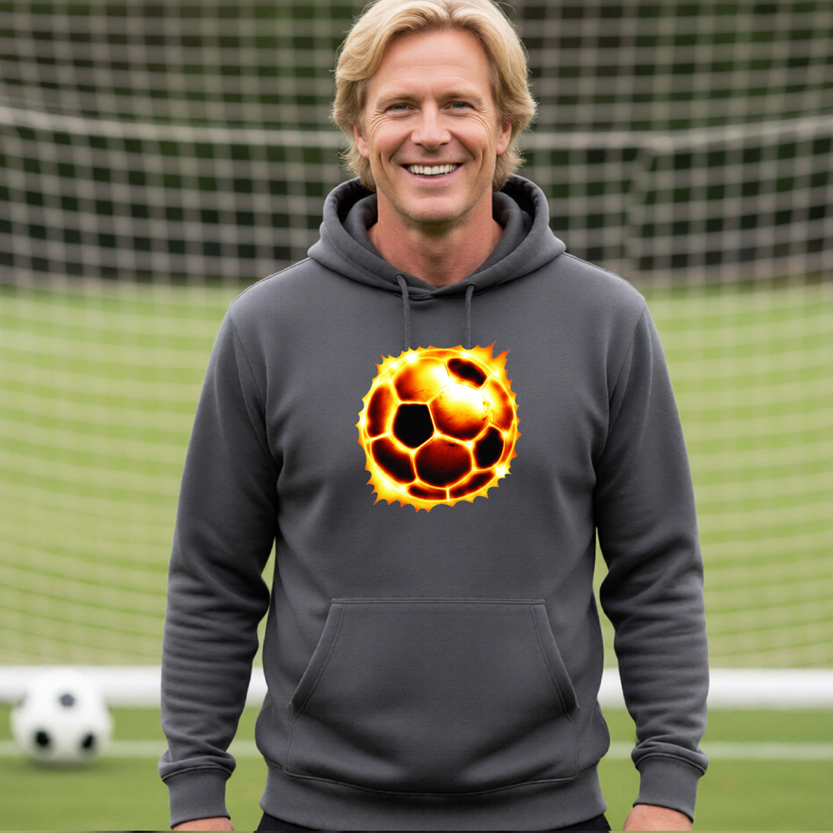 A smiling man wearing a gray hoodie with a glowing soccer ball graphic on the chest, standing on a soccer field in front of a goal net.