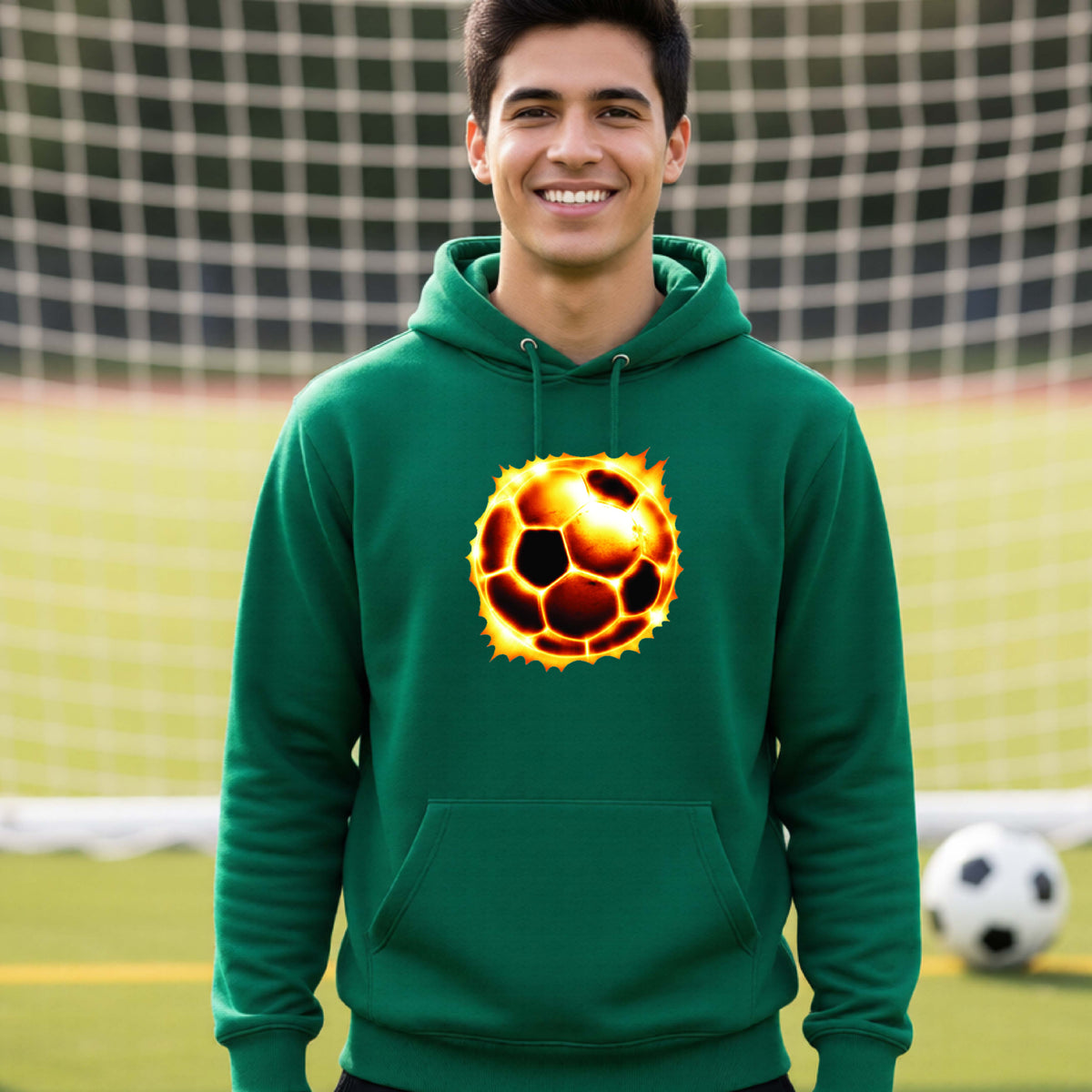 A smiling young man wearing a green hoodie with a glowing soccer ball graphic on the chest, standing on a soccer field in front of a goal net.