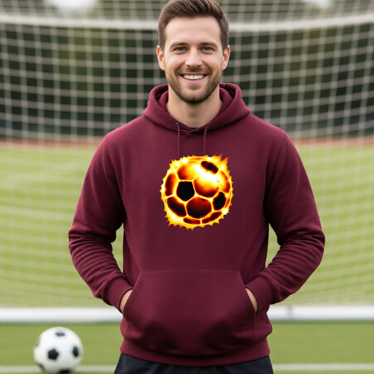 A man wearing a maroon hoodie with a glowing soccer ball graphic on the chest, standing on a soccer field with a goal net in the background.