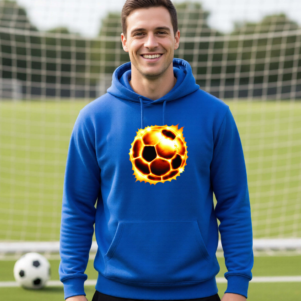 A smiling man wearing a royal blue hoodie with a flaming soccer ball graphic on the chest, standing on a soccer field with a goal net in the background.