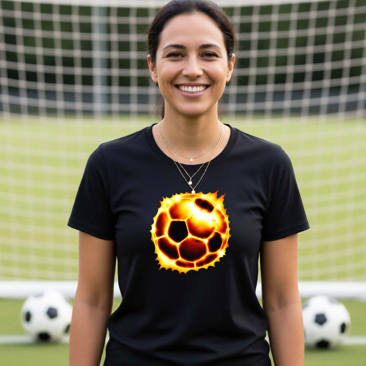 A smiling woman wearing a black t-shirt with a glowing soccer ball graphic on the chest, standing on a soccer field with soccer balls and a goal net in the background.