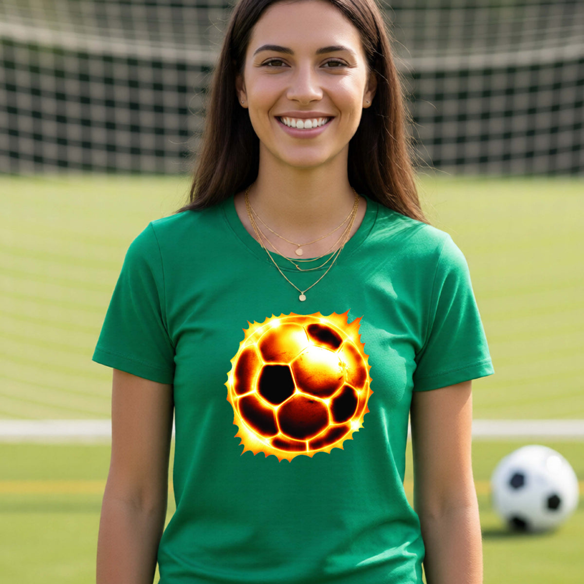 A smiling woman wearing a green t-shirt with a fiery soccer ball graphic on the chest, standing on a soccer field with a ball in the background.