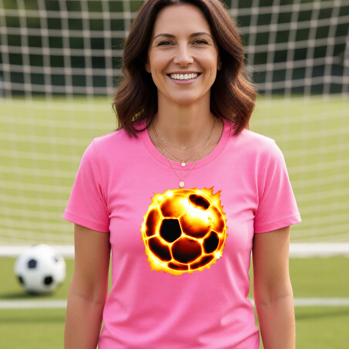 A smiling woman wearing a bright pink t-shirt with a glowing, fiery soccer ball graphic on the chest, standing on a soccer field with a goal net in the background.
