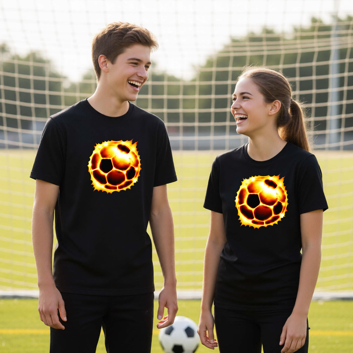 A young man and a young woman standing on a soccer field wearing matching black t-shirts with a fiery soccer ball graphic on the chest.