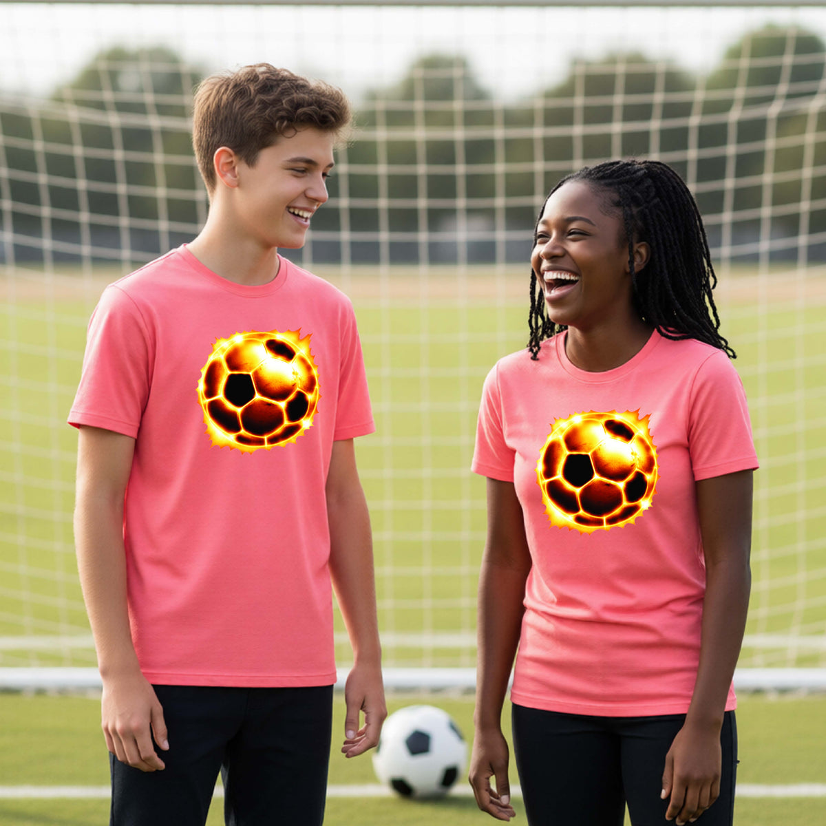 Two people standing on a soccer field wearing matching pink t-shirts with a flaming soccer ball graphic on the chest, with a soccer goal in the background.
