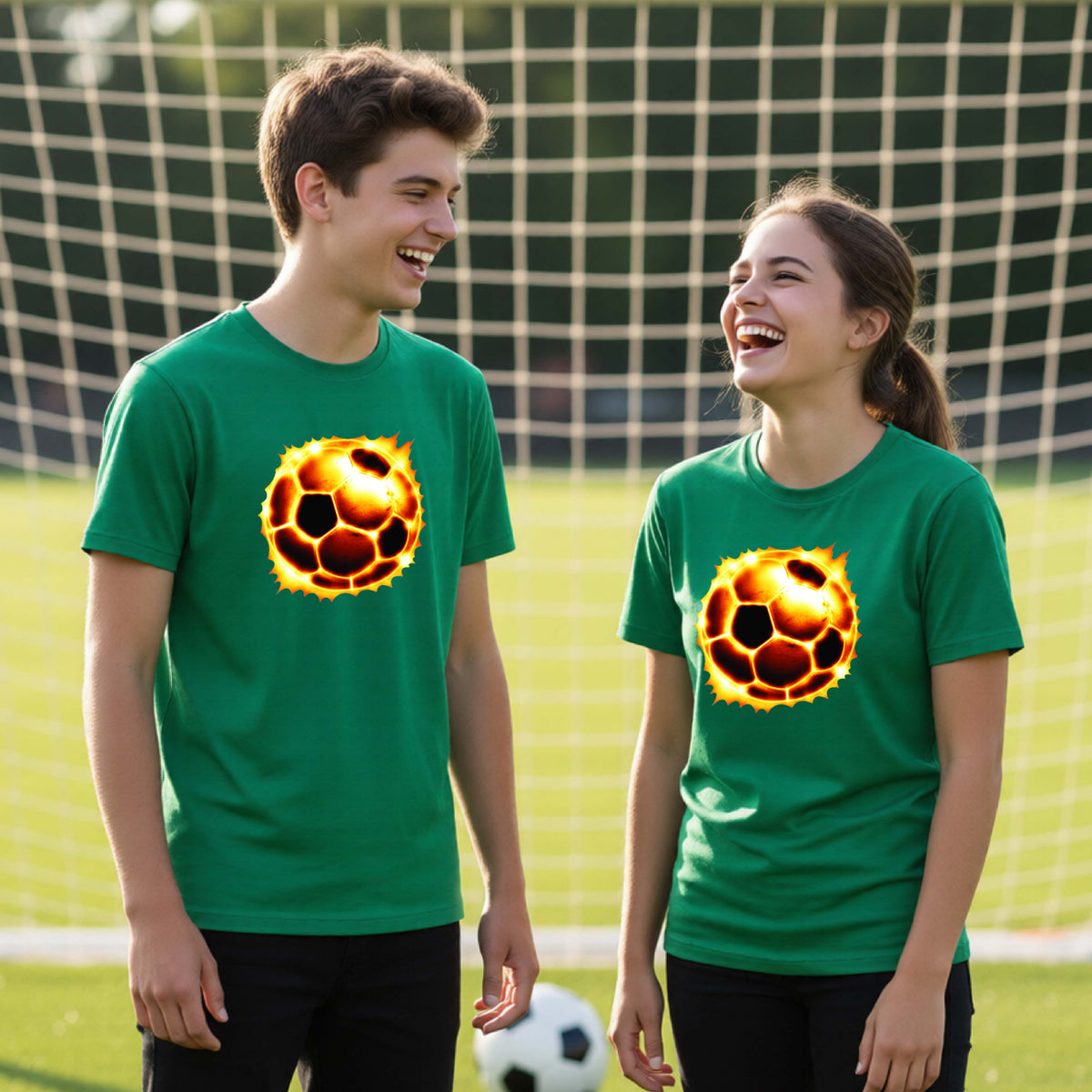 Two young people standing on a soccer field wearing matching green t-shirts with a fiery soccer ball graphic on the chest, with a soccer net in the background.